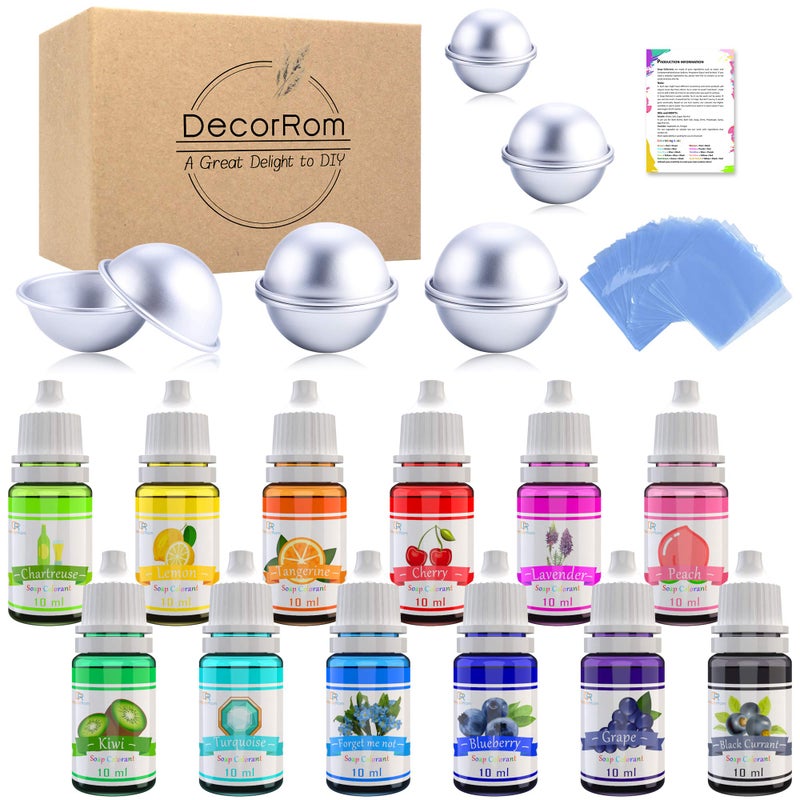 DecorRom Bath Bomb Mold Set with Soap Colorant, Shrink Wrap Bags - Skin Safe Food Grade Soap Dye for Bath Bomb Making Supplies Kit - Liquid Dye for CP M&P Soap Coloring, Crafts - with Instructions Adult Hobby - Image 1